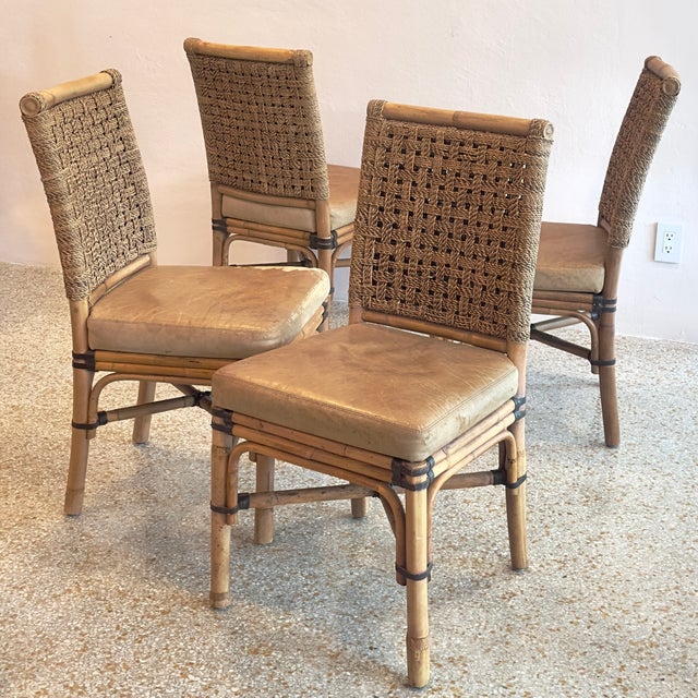 Palecek Vintage Coastal Style Rattan & Rawhide Dining Chairs by Palecek - Set of 4 For Sale - Image 4 of 17