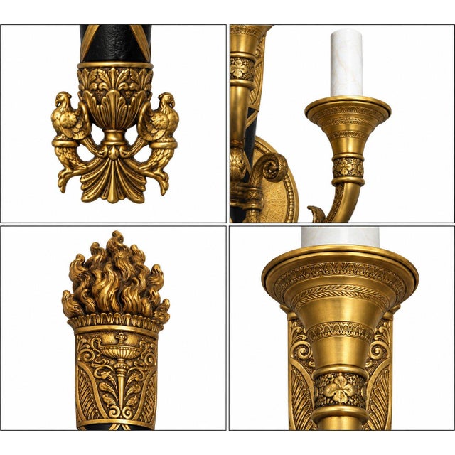 Traditional Antique French Empire Brass Torch Design 3 Arm Wall Sconce For Sale - Image 3 of 6