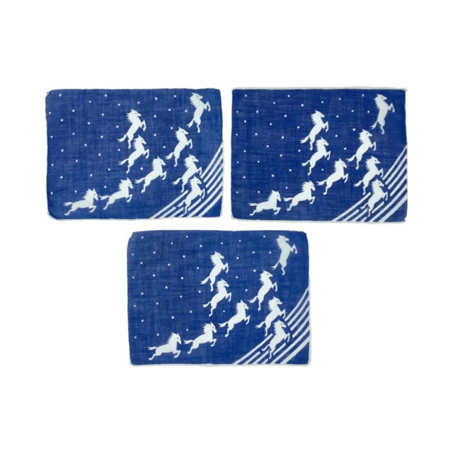 Vintage Set 3 Equestrian Horses Cocktail Napkins Blue Linen Barware For Sale - Image 11 of 13