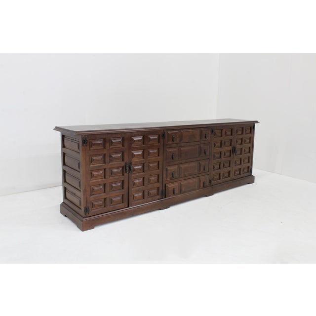 Vintage Spanish Brutalist Sideboard with carved geometric front and sides. Beautiful piece from the 1970s Spain. Excellent...