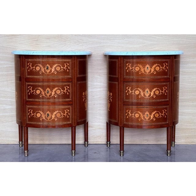 Louis XVI French Demilune Nightstands with Three Drawers, 1940s, Set of 2 For Sale - Image 6 of 8