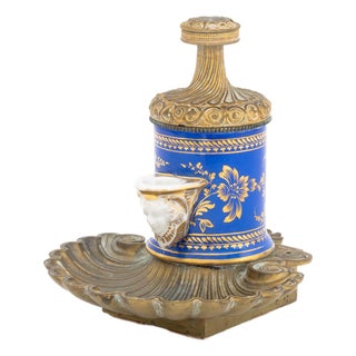 French Porcelain and Bronze Encrier a Pompe For Sale
