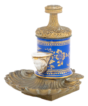 French Porcelain and Bronze Encrier a Pompe