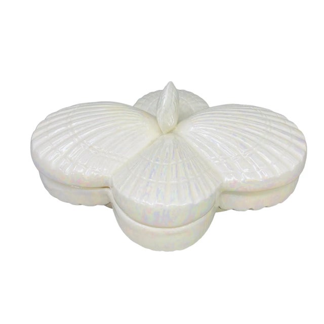 1970's Iridescent Scallop Shell Lidded Ceramic Catchall Handmade For Sale - Image 11 of 11