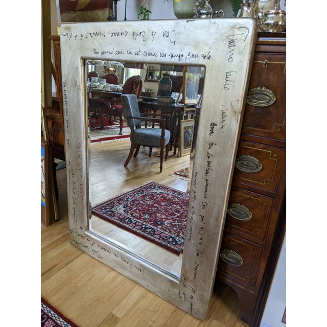 Large Metallic Silver Metal Framed Beveled Mirror With French Calligraphy Writing For Sale - Image 6 of 12