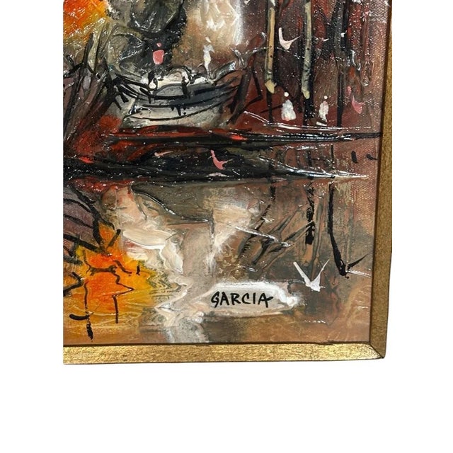 Burnt Orange 1973 Mid-Century Modern Danny Garcia Original Abstract Sailboat Harbor Acrylic Painting – Framed For Sale - Image 8 of 9