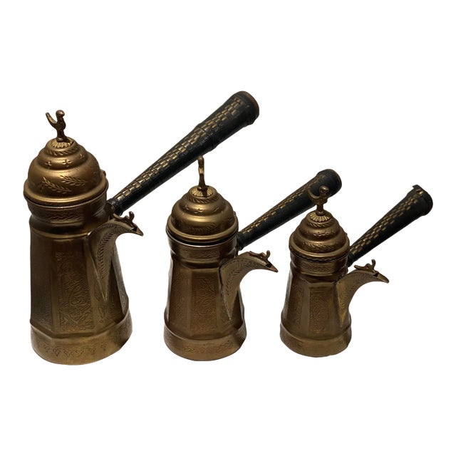 Vintage Dallah Copper Brass Arabic Islamic Middle Eastern Coffee Tea Pots- Set of 3 For Sale