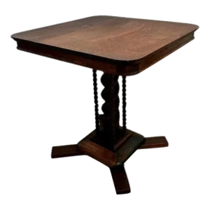 Early 1900s Antique Victorian Square Table Barley Twist Pedestal Hand Carved Solid Oak