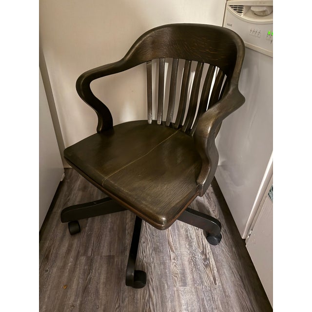 Mid-Century Modern VIntage Custom Kintsugi Brass Inlay White Oak Banker’s Chair – Ebonized Executive Desk Chair For Sale - Image 3 of 9