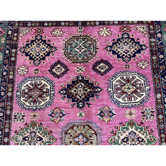Pink Kazak Tribal Rug With Green Border, 4'11" X 6'8" For Sale - Image 12 of 13