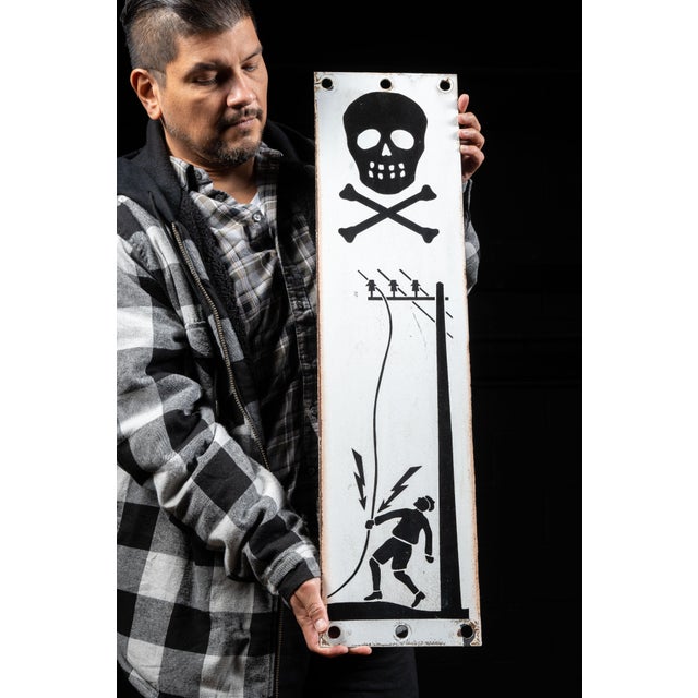 c. 1920s Antique porcelain safety sign. This piece is an early example of a warning sign for potential power line hazards,...