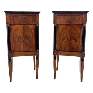 Pair of Early 19th Century Italian Empire Walnut Commodini With Ebonized Columns For Sale