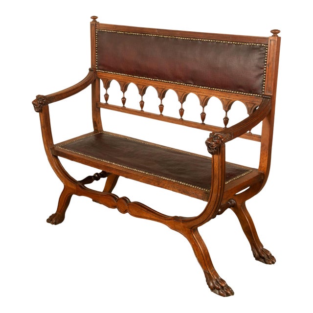 Antique Renaissance Revival Carved Walnut & Leather Hall Window Bench Italy 1880 For Sale