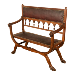 Antique Renaissance Revival Carved Walnut & Leather Hall Window Bench Italy 1880