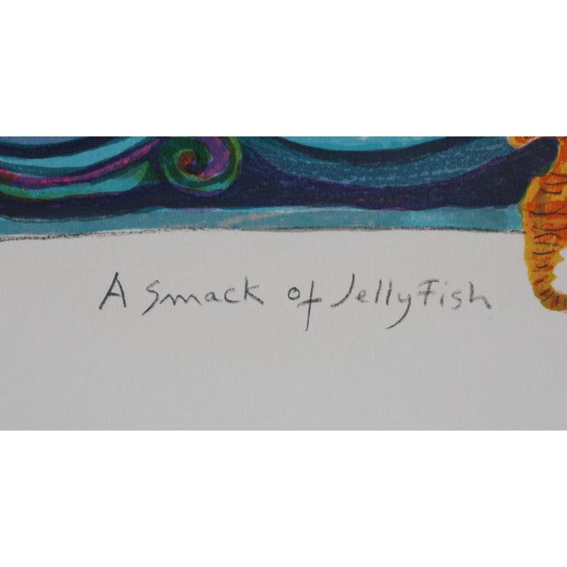 Arranged in a vertical composition, the ocean scene of Judith Bledsoe's print features several jellyfish and a seahorse...