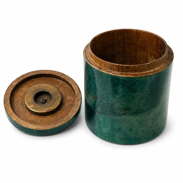 Mid-Century Modern Rare Vintage Lacquered Goatskin Cylinder Box in the Style of Aldo Tura With Brass Pinecone Finial For Sale - Image 3 of 8