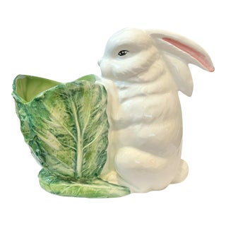 Vintage Italian Majolica Rabbit & Cabbage Cachepot Planter – 9" For Sale
