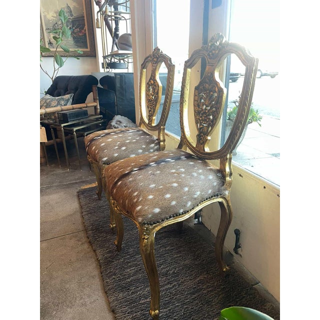 Gold Pair of Antique Louis Gilded Chairs With Hide Upholstery For Sale - Image 8 of 13