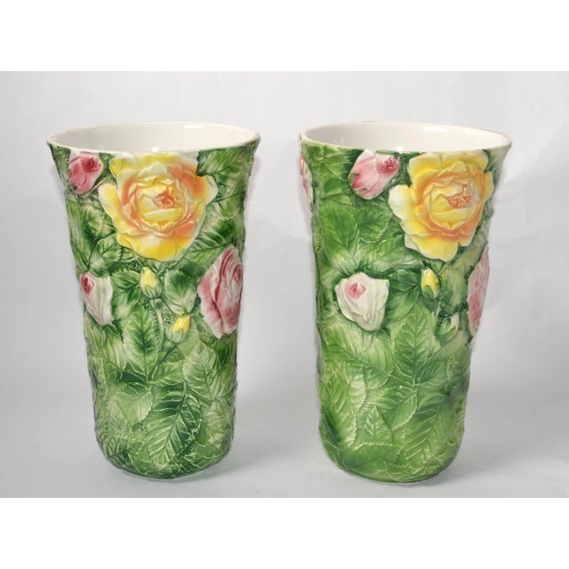 French Pair, Italian 3d Majolica Floral Vases Roses Green Pink Yellow Hand-Painted For Sale - Image 3 of 13