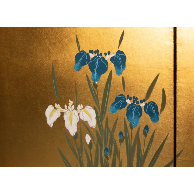 Wood "Plum Blossom, Peonies and Irises" by Kokei, Showa Era Japanese Byobu Screen For Sale - Image 7 of 18