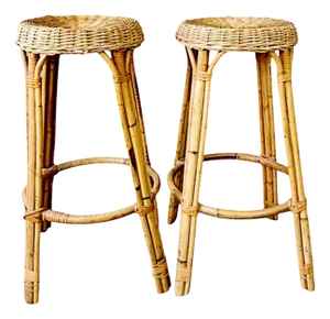 Pair of Vintage Bamboo & Wicker Counter Stools – Effortless Coastal Vibe