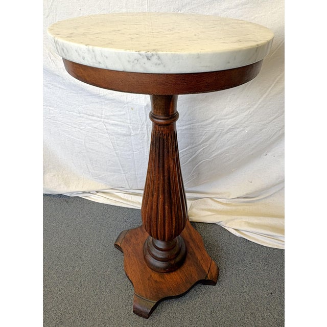 1900's Solid Wood Reeded Pedestal/ Plant Stand With Marble Top For Sale - Image 11 of 18