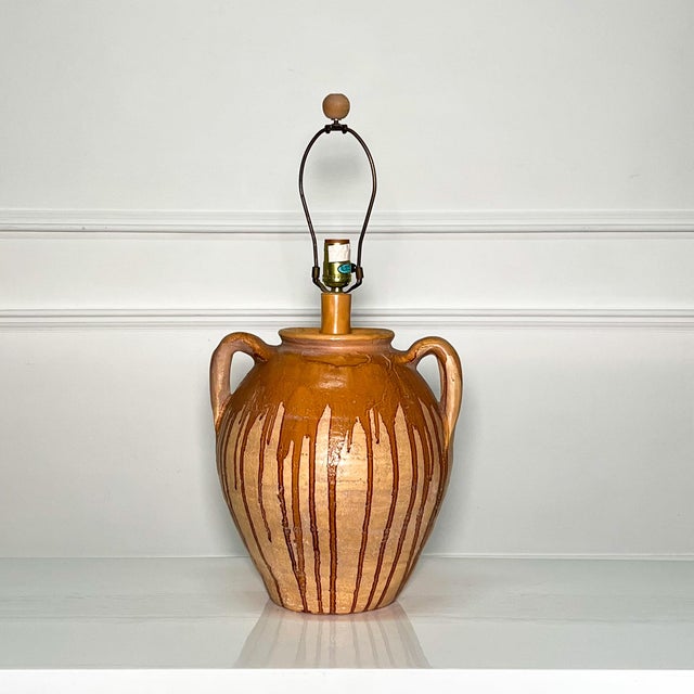 1970s 70's Large Drip Glazed Pottery Table Lamp For Sale - Image 5 of 7