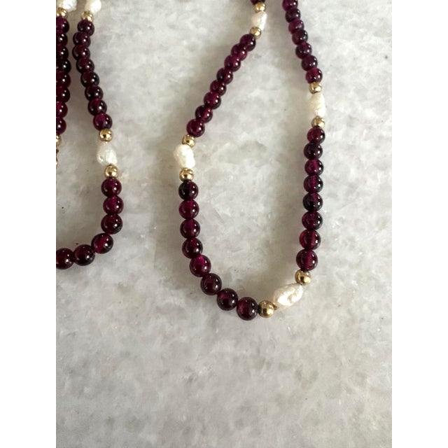 Contemporary Garnet and Freshwater Pearl Gold Necklace With Gold Spacers For Sale - Image 3 of 4