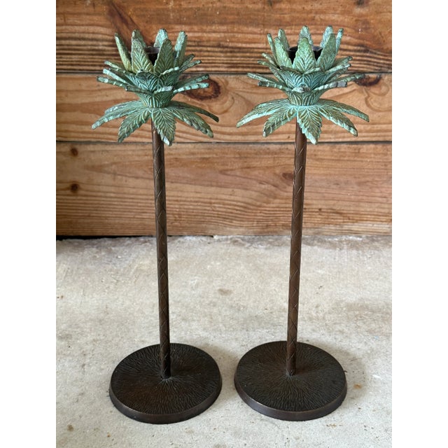 Pair of Tropical Coastal Palm Tree Metal Candlesticks With Verdigris Green Fronds For Sale - Image 4 of 12