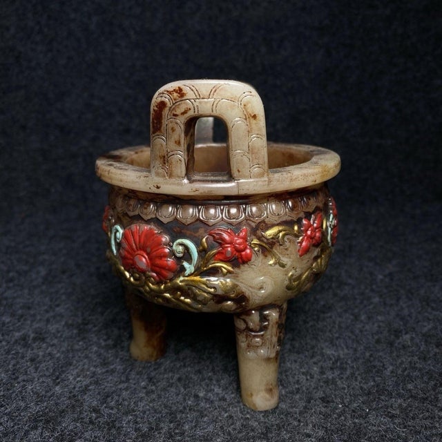 Chinese Vintage Chinese Archaic-Style Stone Censer With Twin Handles and Floral Relief Carvings For Sale - Image 3 of 9