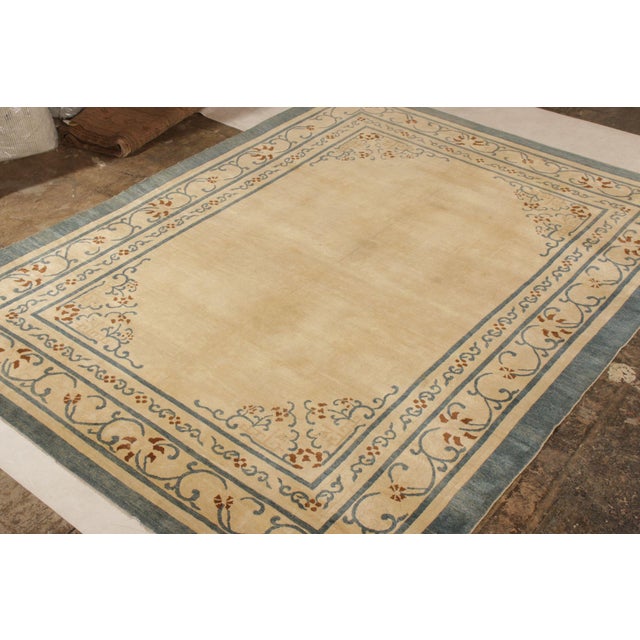 Chinese Hand-Knotted Antique Chinese Rug in Beige-Brown, Blue Open Field, Floral Pattern For Sale - Image 3 of 7