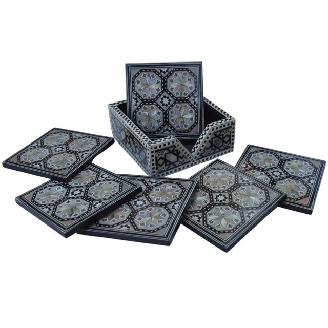 Mother-Of-Pearl Inlaid Coaster Set With Box - 7 Pieces For Sale - Image 11 of 11