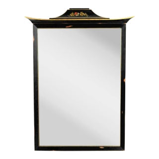 Vintage Union National Chinoiserie Mirror Black With Pagoda Top Floral Design & Distressed Finish For Sale
