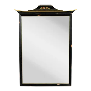 Vintage Union National Chinoiserie Mirror Black With Pagoda Top Floral Design & Distressed Finish