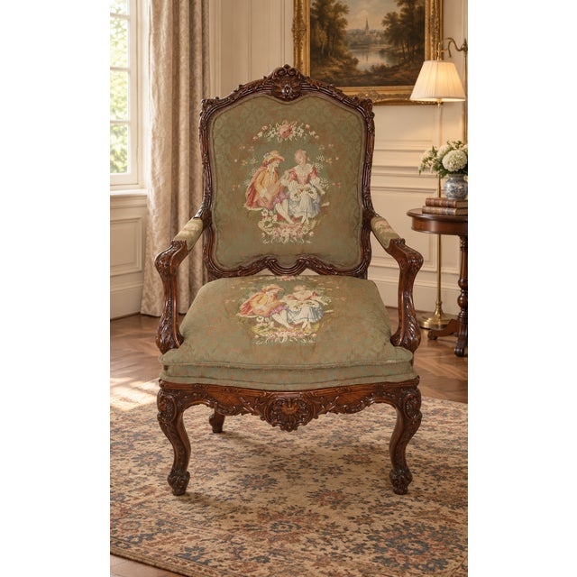 Ornate French Louis XV–Style Carved Wood Armchair With Floral Tapestry Upholstery For Sale - Image 16 of 16