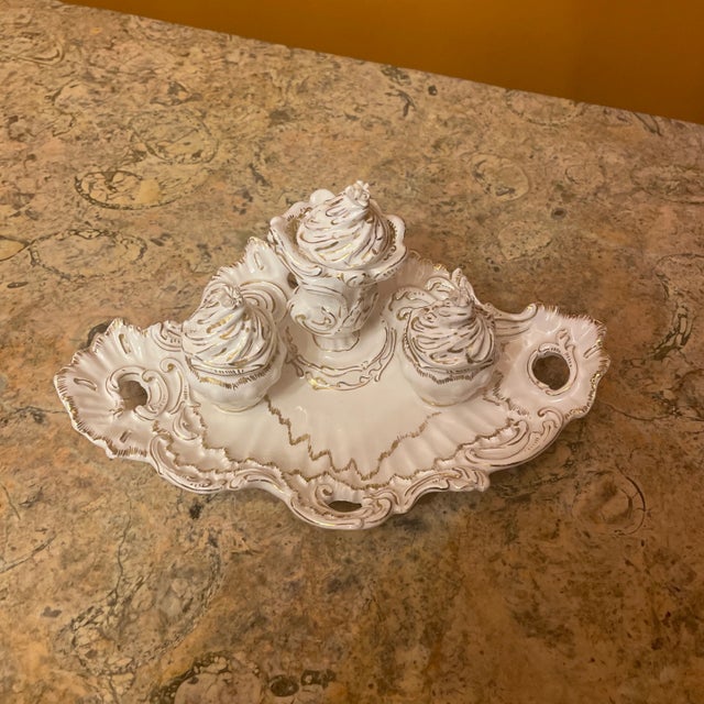 Rococo Antique Late 19th Century Gilt Porcelain Inkwell For Sale - Image 3 of 6