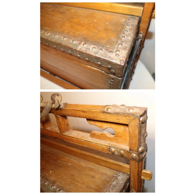 Large Antique 1700's Chinese Handmade Wood Wrought Iron Wedding Dowry Box Chest For Sale - Image 4 of 12