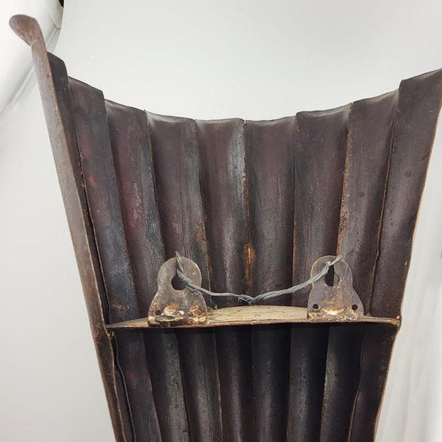 1960s Large Vintage Rusty Metal Fluted Torchiere Wall Pocket Bracket Sconces - A Pair For Sale - Image 5 of 5