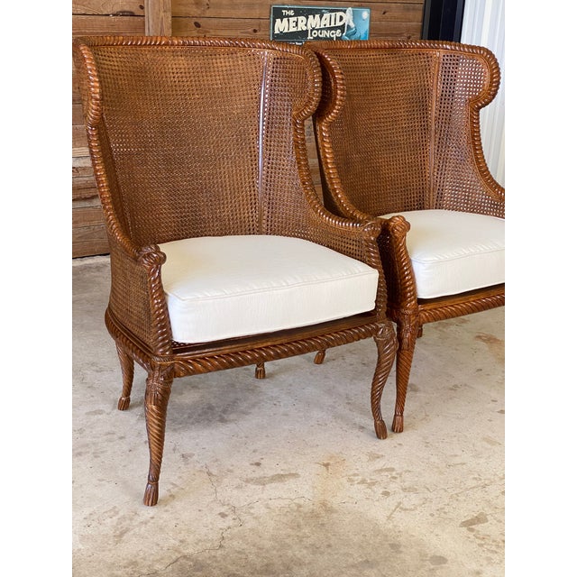 Pair of Rope Tassel Double Caned Carved Wood Wingback Chairs Chairish