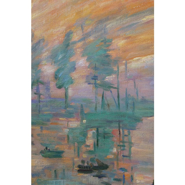 Blue Late 20th Century Impression Sunrise Soleil Levant Boat Seascape Oil Painting After Claude Monet For Sale - Image 8 of 10