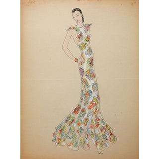 Vintage 1930's Art Deco Fashion Drawing Evening Gown For Sale