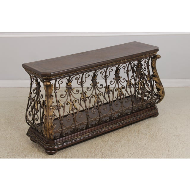 Traditional Designer Metal Base Leather Top Console Table For Sale - Image 3 of 18