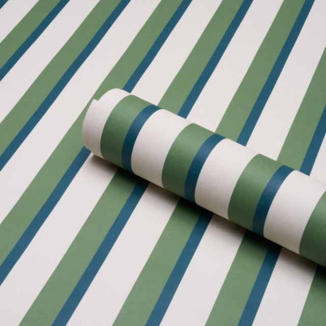 Schumacher Sample - Schumacher Rigsby Stripe Wallcovering In Peacock For Sale - Image 4 of 6
