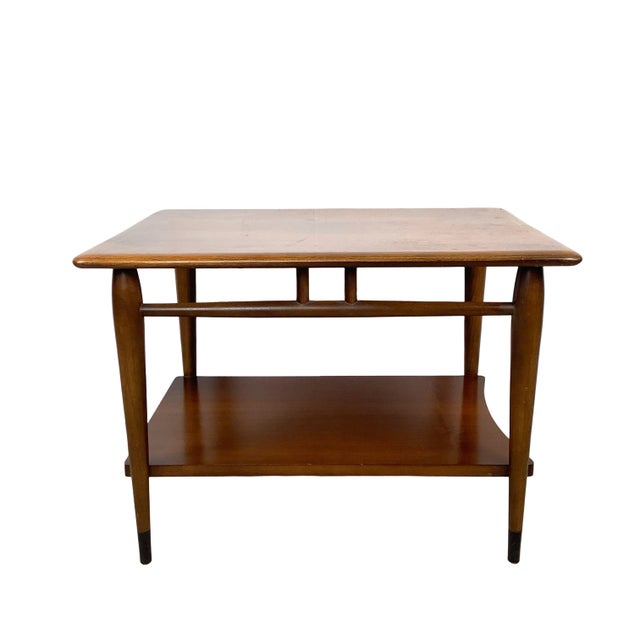 1970s Vintage Lane Acclaim Two-Tier End Table by Andre Bus | Walnut & Oak Dovetail Inlay For Sale - Image 5 of 18