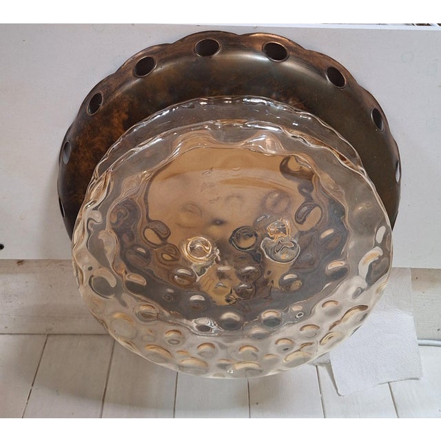 Vintage Ceiling Lamp with Patinated Brass Trim and Amber-Tinted Glass Shade, 1970s For Sale - Image 6 of 9