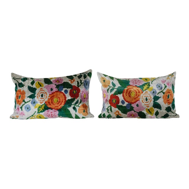 Floral Silk Ikat Velvet Pillow Covers – A Pair For Sale