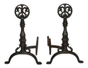 Antique Andirons Cast Iron With Dragon Medallion Finials on Turned Balusters and Splayed Feet - A Pair