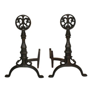 Antique Andirons With Dragon Medallion Finials on Turned Balusters and Splayed Feet - A Pair For Sale
