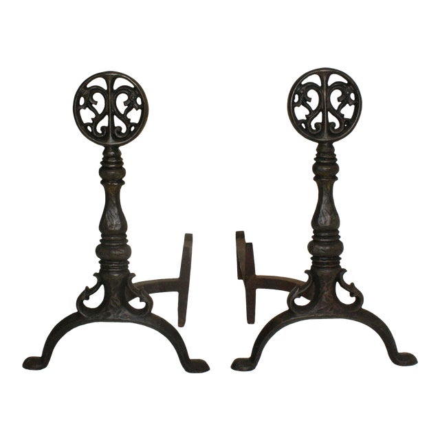 Antique Andirons With Dragon Medallion Finials on Turned Balusters and Splayed Feet - A Pair For Sale