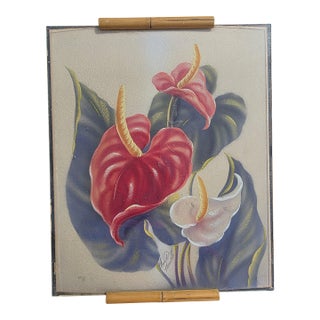 Ted Mundorff Vintage Floral Hawaiian Air Brush on Board Anthuriums 12 X 10 C1950 For Sale